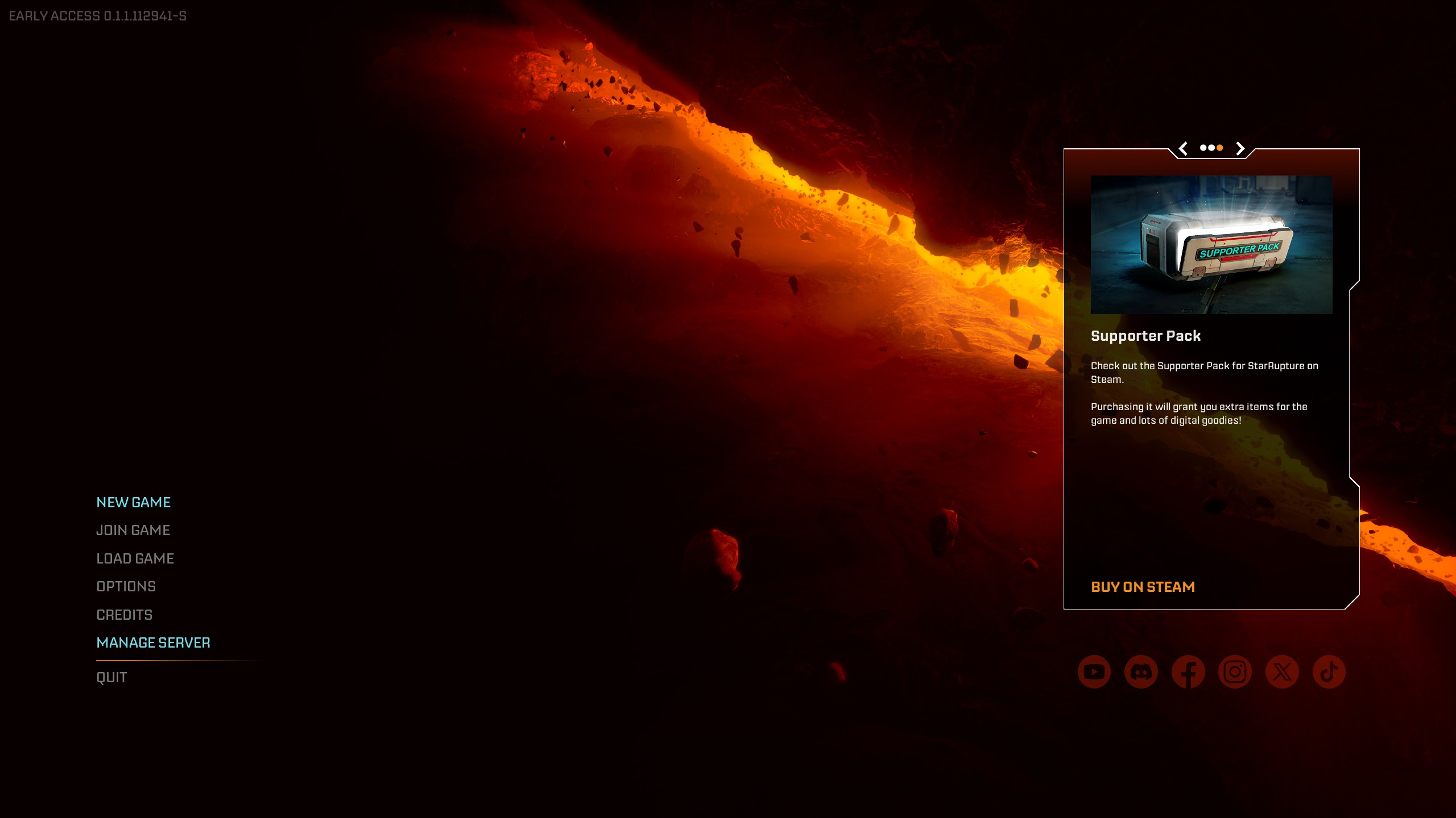 StarRupture Hauptmenü mit Manage Server Button